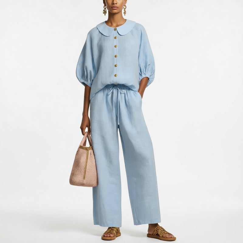 Women's Cotton Linen Lantern Sleeve Blouse High Waist Drawstring Trousers Set - Image 2