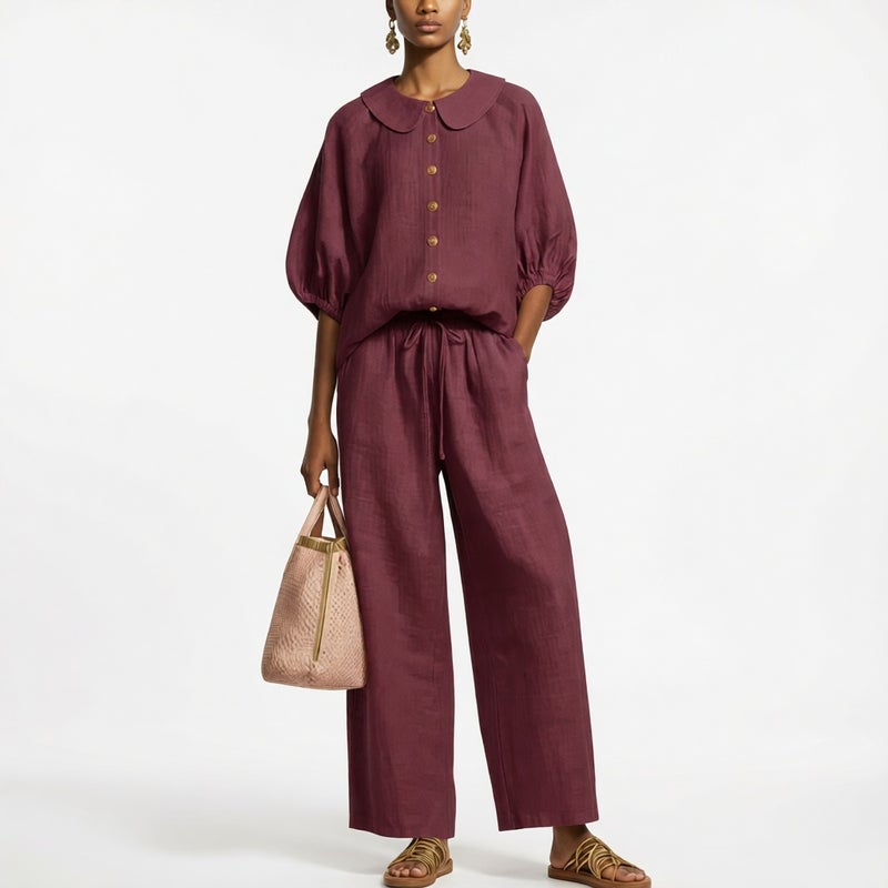 Women's Cotton Linen Lantern Sleeve Blouse High Waist Drawstring Trousers Set - Image 1