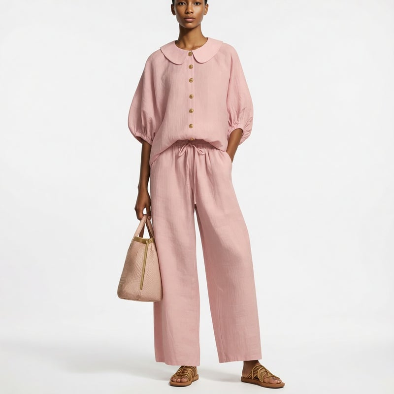 Women's Cotton Linen Lantern Sleeve Blouse High Waist Drawstring Trousers Set - Image 5