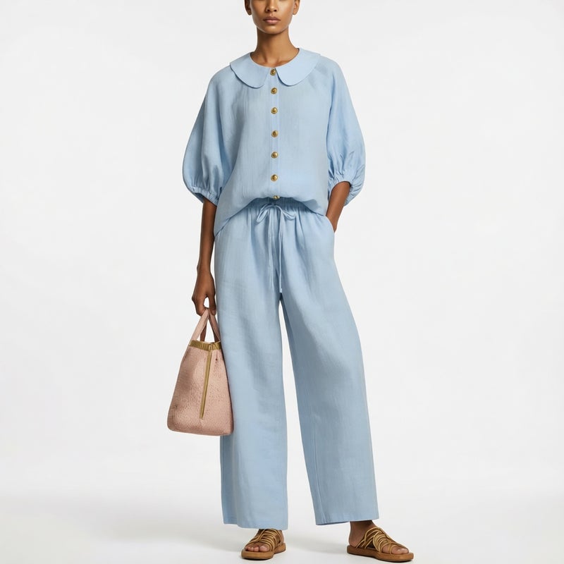 Women's Cotton Linen Lantern Sleeve Blouse High Waist Drawstring Trousers Set - Image 3
