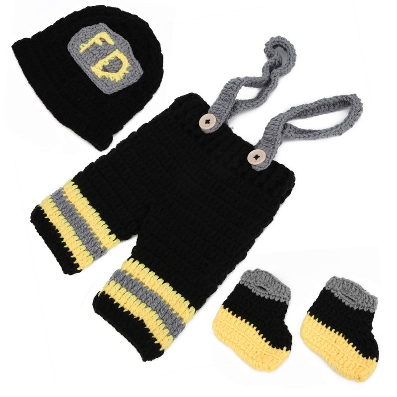 Newborn Fireman Costume Knitted Hat Pants Photography Prop Outfit - Image 2