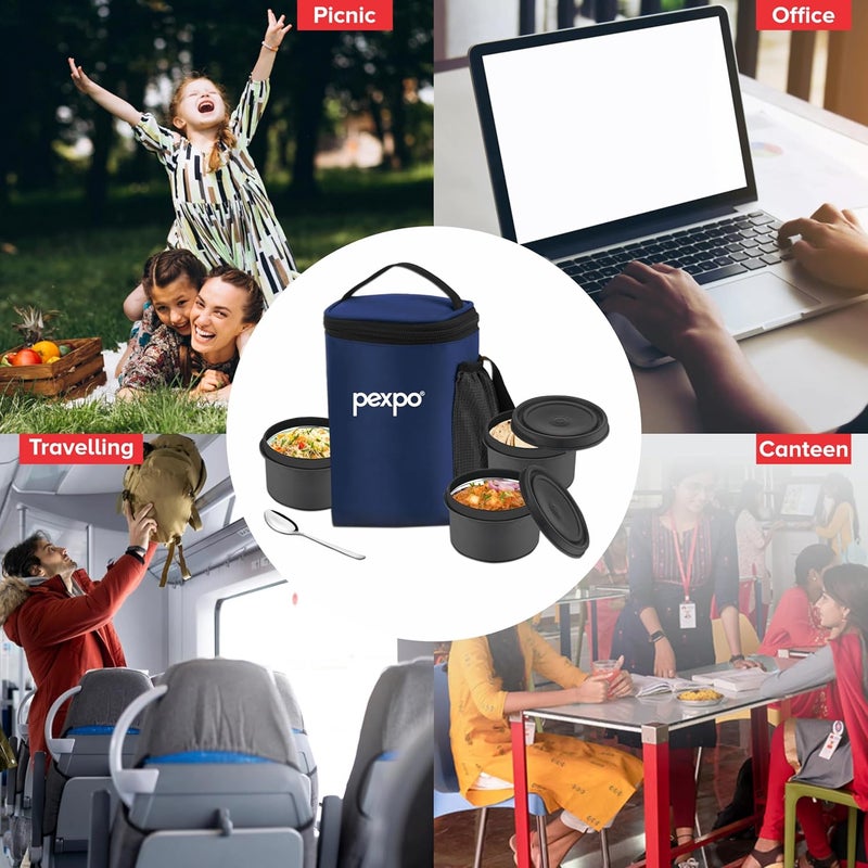 PEXPO Micro Pro Stainless Steel Meal Box with 3 Air Tight Containers 3 350ml 1 Spoon Bag BlackBlue BPA Free Lid Leak Proof Lunch Box for Office Men and Women - Image 5