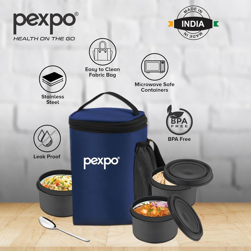PEXPO Micro Pro Stainless Steel Meal Box with 3 Air Tight Containers 3 350ml 1 Spoon Bag BlackBlue BPA Free Lid Leak Proof Lunch Box for Office Men and Women - Image 4