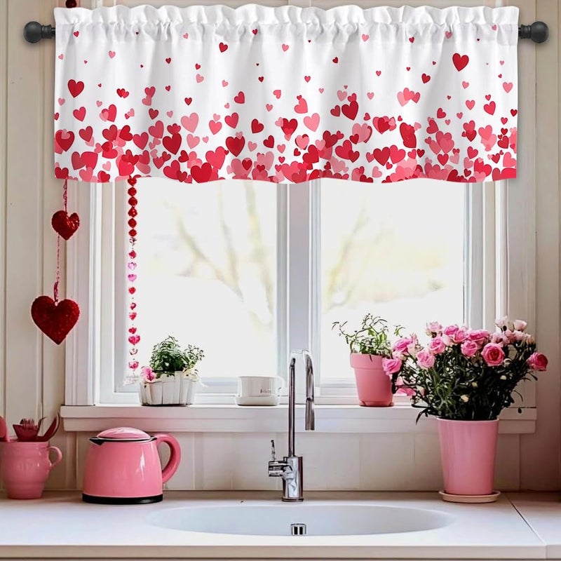 Finphoon Valentine Curtain Valance for Window, Love Heart Window Valances, Rod Pocket Washable Valentine's Day Valances Curtain for Valentines Living Room Bedroom Decorations, 54x18 Inch - Image 5