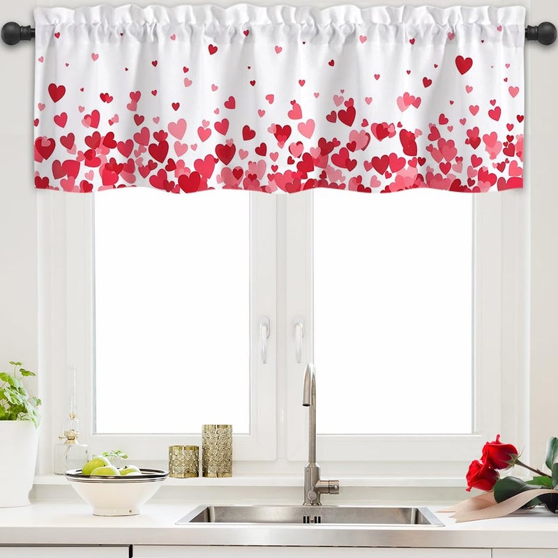 Finphoon Valentine Curtain Valance for Window, Love Heart Window Valances, Rod Pocket Washable Valentine's Day Valances Curtain for Valentines Living Room Bedroom Decorations, 54x18 Inch - Image 1