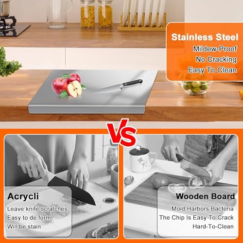HOMEZE 304 Stainless Steel Chopping Board 41 × 31 cm - Rust Proof, Non‑Slip & Heavy Duty Counter Top Cutting Board with Lip, Smooth Round Edge - for Cutting Vegetables, Fruits, Meat & Kneading Dough - Image 4