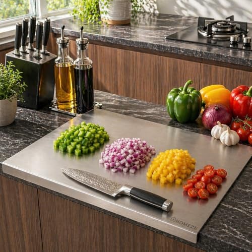 HOMEZE 304 Stainless Steel Chopping Board 41 × 31 cm - Rust Proof, Non‑Slip & Heavy Duty Counter Top Cutting Board with Lip, Smooth Round Edge - for Cutting Vegetables, Fruits, Meat & Kneading Dough - Image 1