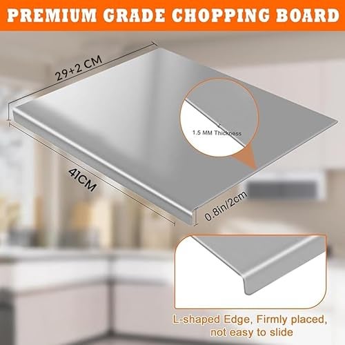 HOMEZE 304 Stainless Steel Chopping Board 41 × 31 cm - Rust Proof, Non‑Slip & Heavy Duty Counter Top Cutting Board with Lip, Smooth Round Edge - for Cutting Vegetables, Fruits, Meat & Kneading Dough - Image 2