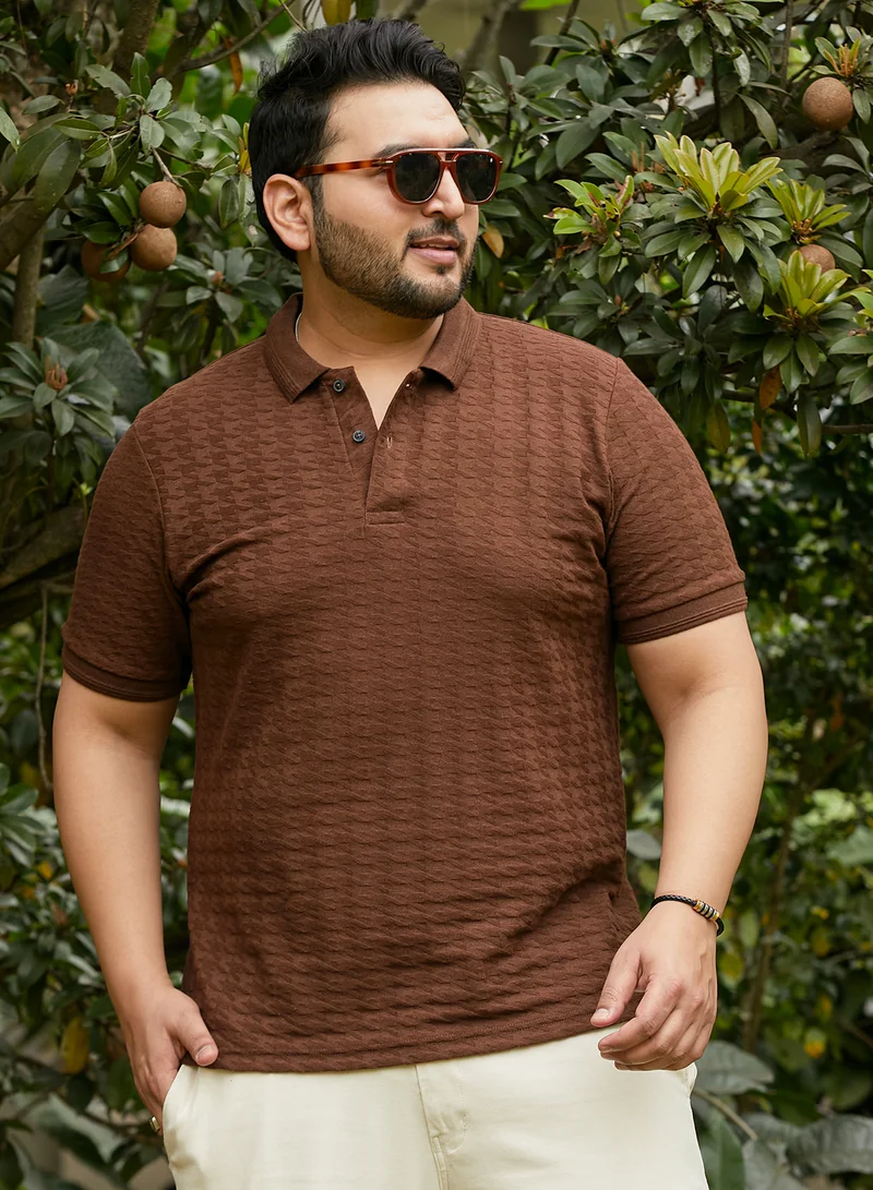 Instafab Plus Instafab Plus Men's Coffee Brown Houndstooth-Textured Polo T-Shirt For Casual Wear | Polo Neck | Short Regular Sleeves | Half-Button Closure | Plus Size T-Shirt Crafted With Comfort Fit For Everyday Wear