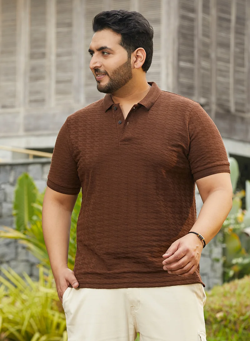 Instafab Plus Instafab Plus Men's Coffee Brown Houndstooth-Textured Polo T-Shirt For Casual Wear | Polo Neck | Short Regular Sleeves | Half-Button Closure | Plus Size T-Shirt Crafted With Comfort Fit For Everyday Wear