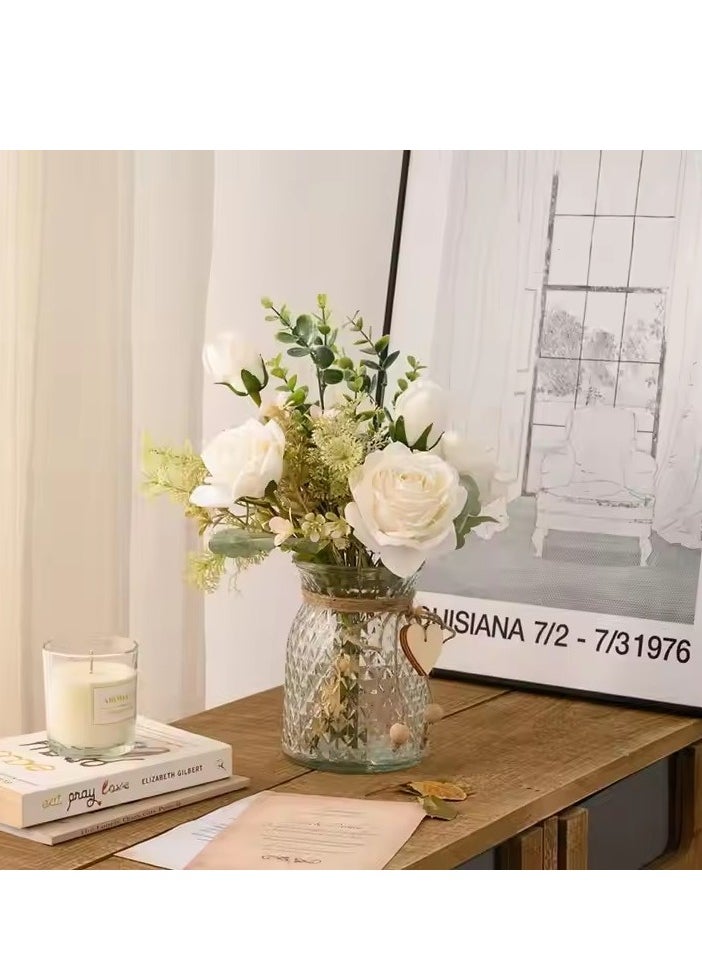 DUNISO Fake Flowers, Silk Roses Artificial Flowers, Dining Table Centerpiece,White Faux Flower Arrangement,Suitable for Home Office Decoration (No Vase)  - Image 5