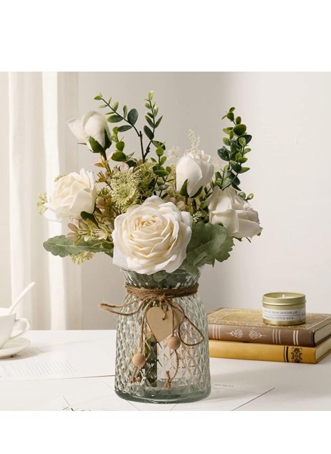 DUNISO Fake Flowers, Silk Roses Artificial Flowers, Dining Table Centerpiece,White Faux Flower Arrangement,Suitable for Home Office Decoration (No Vase)  - Image 1