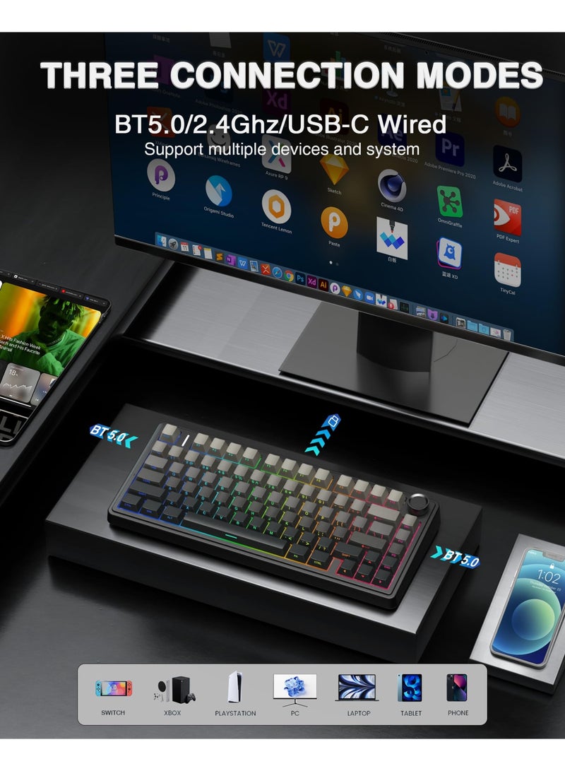 AULA F75 Original OEM RGB Customized Hot-Swap PBT 75% 80 Keys Bluetooth 5.0/2.4G Wireless/Wired Game Mechanical Keyboard Gasket(Black Gradient)  - Image 4