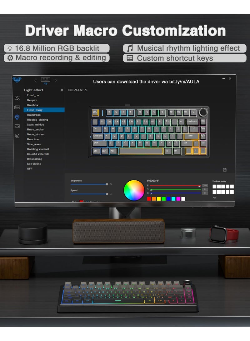 AULA F75 Original OEM RGB Customized Hot-Swap PBT 75% 80 Keys Bluetooth 5.0/2.4G Wireless/Wired Game Mechanical Keyboard Gasket(Black Gradient)  - Image 5