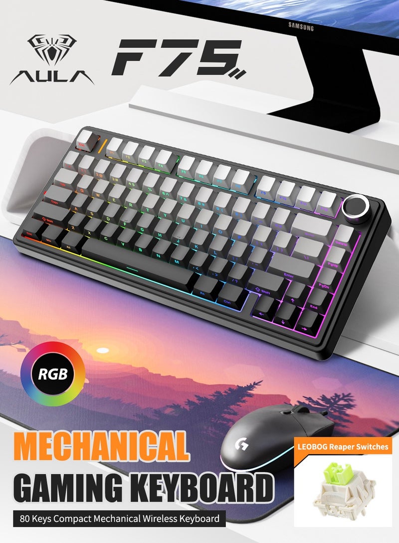 AULA 【Official Store】F75  Mechanical Keyboard 75%Tri-Mode Wireless Keyboard RGB Backlit Gaming Keyboard Gasket Hot Swappable Custom Keyboard Printed PBT Keycaps Bluetooth/2.4GHz/USB-C with Dedicated Knob & Five-Layer Sound-Dampening Padding Reaper Switches Keyboard for PC/Gamers/Enthusiasts(Gradient Black) - Image 1