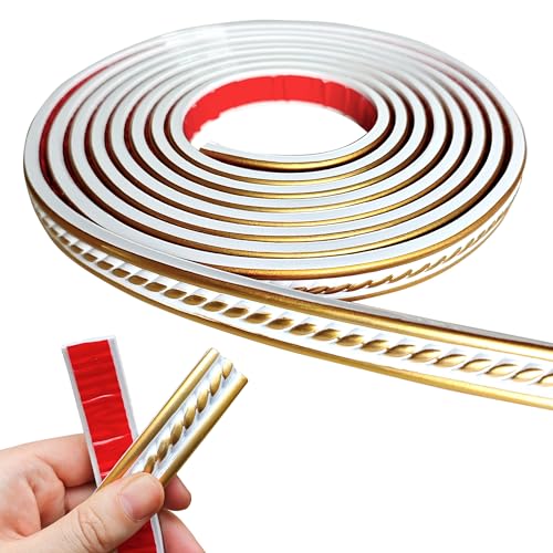 Maxiroc Peel and Stick Molding Trim Self Adhesive Flexible Wall Trim Crown Molding 3D Strip for Tile Wood Wall Panels Picture Mirror Frame Border Edge Corner Ceiling Wallpaper Decor (White Gold, 120in) - Image 1