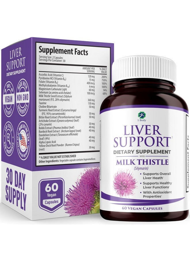 1 Body Liver Support Supplement with Milk Thistle, Turmeric, Dandelion, Artichoke, B12, 60 Vegan Silymarin Capsules - Image 1