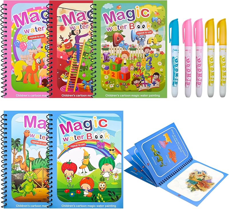 Water Magic Colouring Book 5Pcs Water Painting Books Reusable Water Colouring Books for Children Mess Free Magic Painting Books with Water Pens for 3 4 5 6 Year Old Kids Boys Girls, Style B
