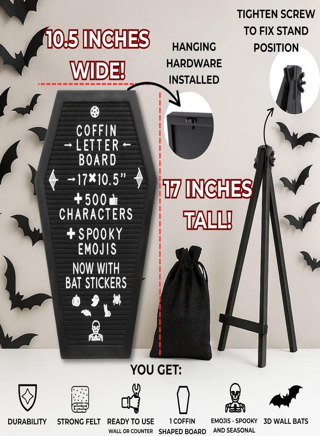 Nomnu Coffin Letter Board Black +3D Bat Stickers +650 Characters, Spooky Seasonal Emojis, Wooden Stand - 17x10.5 Inches - Coffin Shaped Goth Decor Sign Halloween Decorations Gothic Decor Birthday Home Spooky Gifts - Image 3
