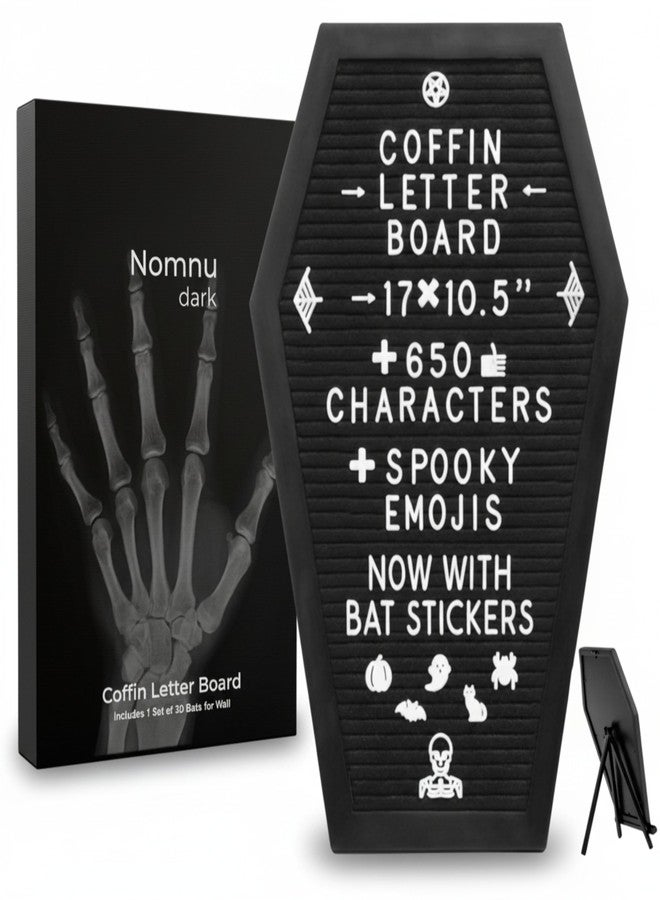 Nomnu Coffin Letter Board Black +3D Bat Stickers +650 Characters, Spooky Seasonal Emojis, Wooden Stand - 17x10.5 Inches - Coffin Shaped Goth Decor Sign Halloween Decorations Gothic Decor Birthday Home Spooky Gifts - Image 1