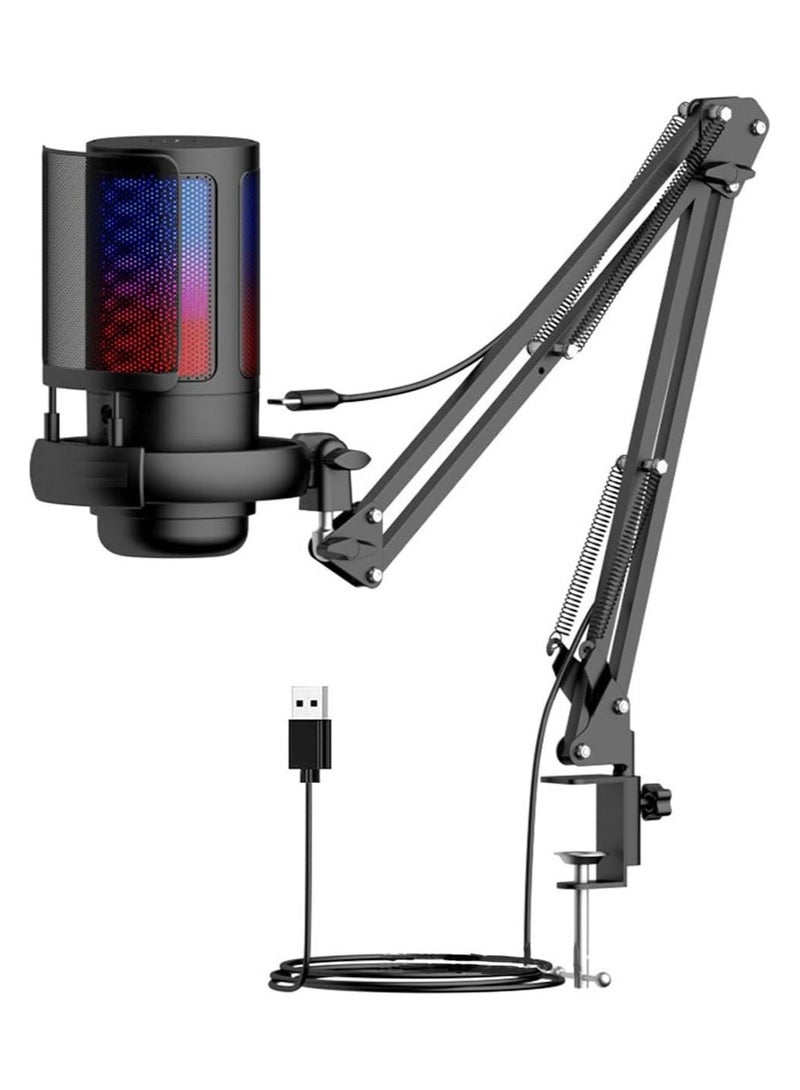 XVersion RGB Gaming Microphone, Condenser Microphone with Extendable Arm for PC and PS5 with Volume Controlling, Pop Filter, Condenser Mic with Quick Mute, Podcast Microphone for Streaming Twitch/Discord, YouTube - Black - Image 1