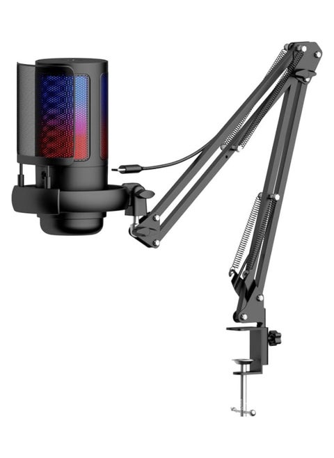 RGB Gaming Microphone with Extendable Arm for PC and PS5 with Volume Controlling, Pop Filter, Condenser Mic with Quick Mute, Podcast Microphone for Streaming Twitch/Discord, YouTube - Black