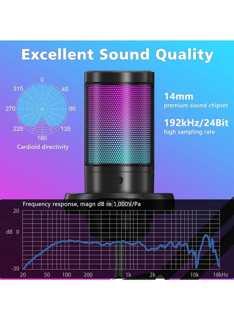 X الإصدار ميكروفون ألعاب RGB مع ذراع قابلة للتمديد للكمبيوتر و PS5 مع التحكم في مستوى الصوت، فلتر بوب، ميكروفون مكثف مع كتم سريع، ميكروفون بودكاست للبث على تويتش/ديسكورد، يوتيوب - أسود  - Image 4