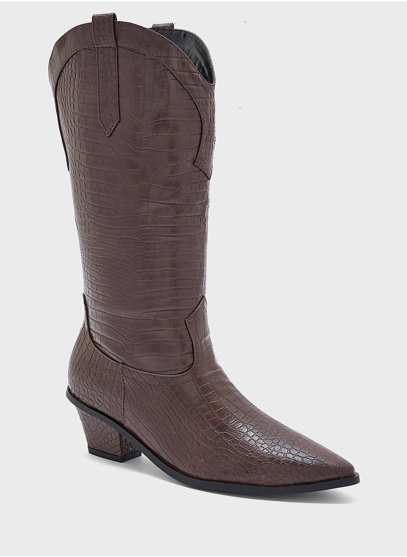 ELLA Tapered Heel Pointy Croc Knee Length Boot  - Image 2