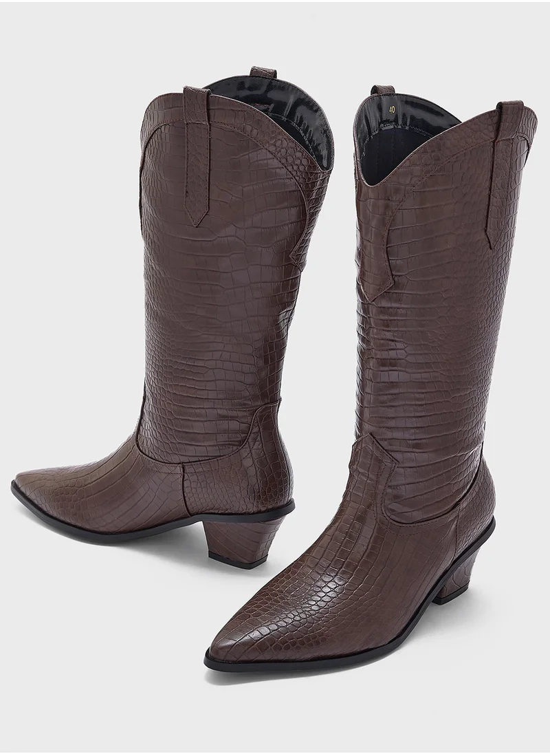 ELLA Tapered Heel Pointy Croc Knee Length Boot