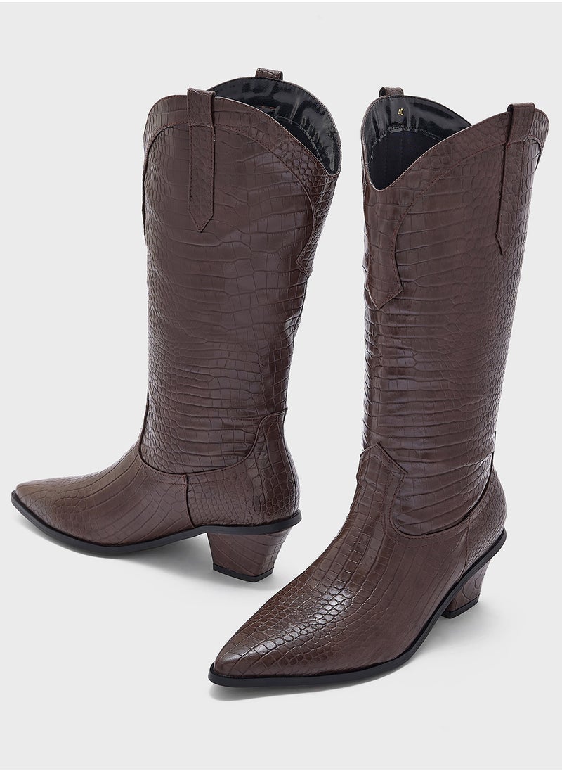 ELLA Tapered Heel Pointy Croc Knee Length Boot  - Image 4