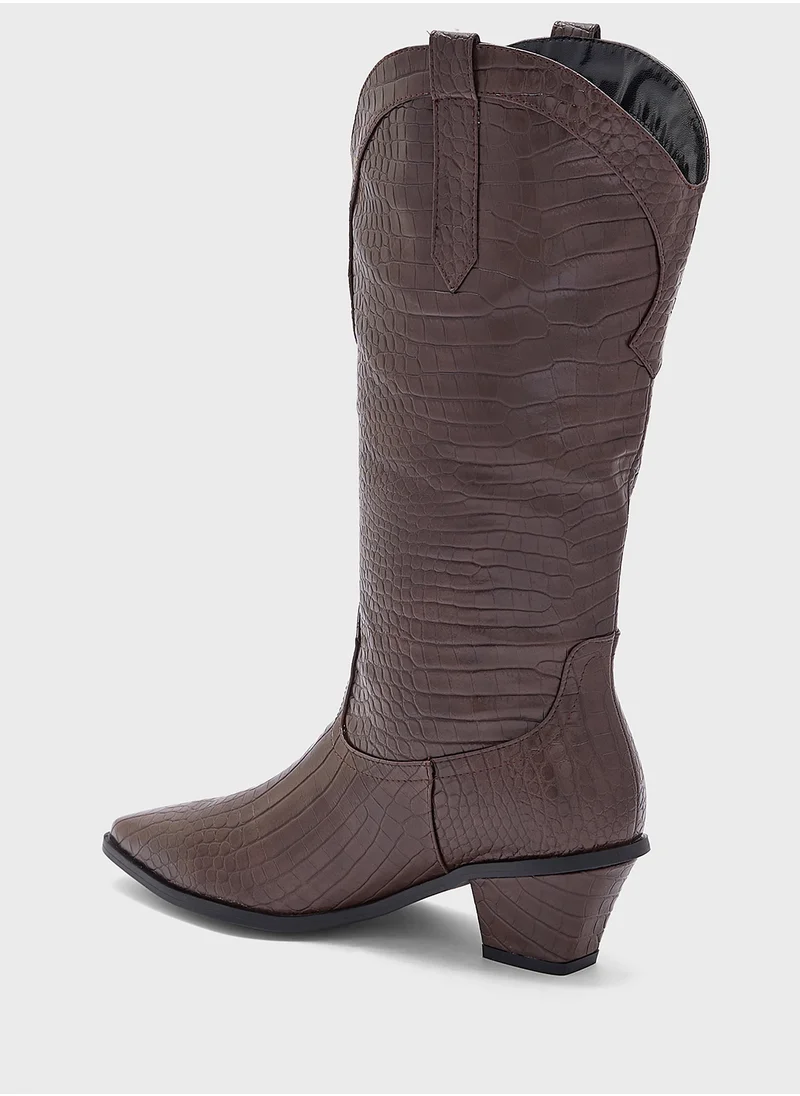 ELLA Tapered Heel Pointy Croc Knee Length Boot