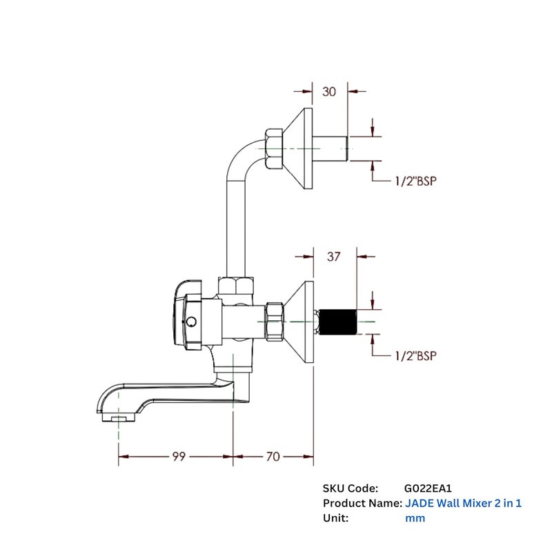 Parryware Jade Wall Mixer 2 in 1 | Hot and Cold Shower Mixer | Brass with Chrome Finish | G022EA1 - Image 4