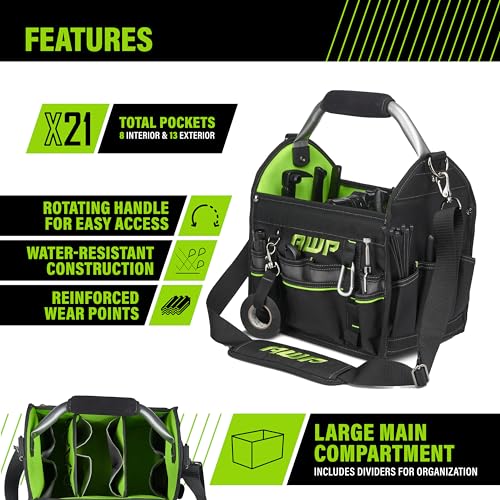 AWP 12 Inch Pro Tool Tote with Rotating Handle for Easy Tool Access, Water-Resistant Construction, Black - Image 2