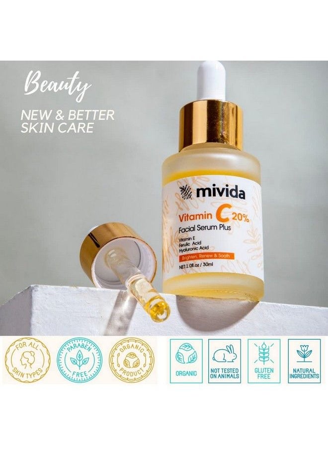 Mivida - 20% Vitamin C Serum For Face ; Anti Aging Face Serum With Hyaluronic Acid Ferulic Acid And Vitamin E ; Brightening Serum For Dark Spots Fine Line And Wrinkles ; No Artificial Colors ; 1 Fl Oz - Image 1