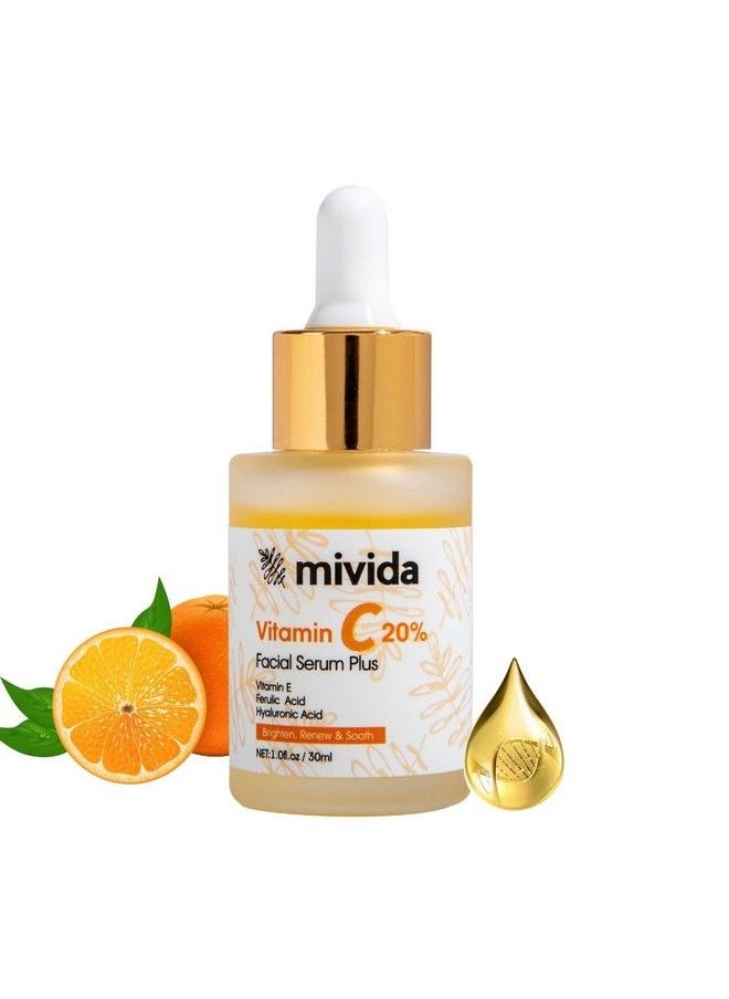 Mivida - 20% Vitamin C Serum For Face ; Anti Aging Face Serum With Hyaluronic Acid Ferulic Acid And Vitamin E ; Brightening Serum For Dark Spots Fine Line And Wrinkles ; No Artificial Colors ; 1 Fl Oz - Image 1