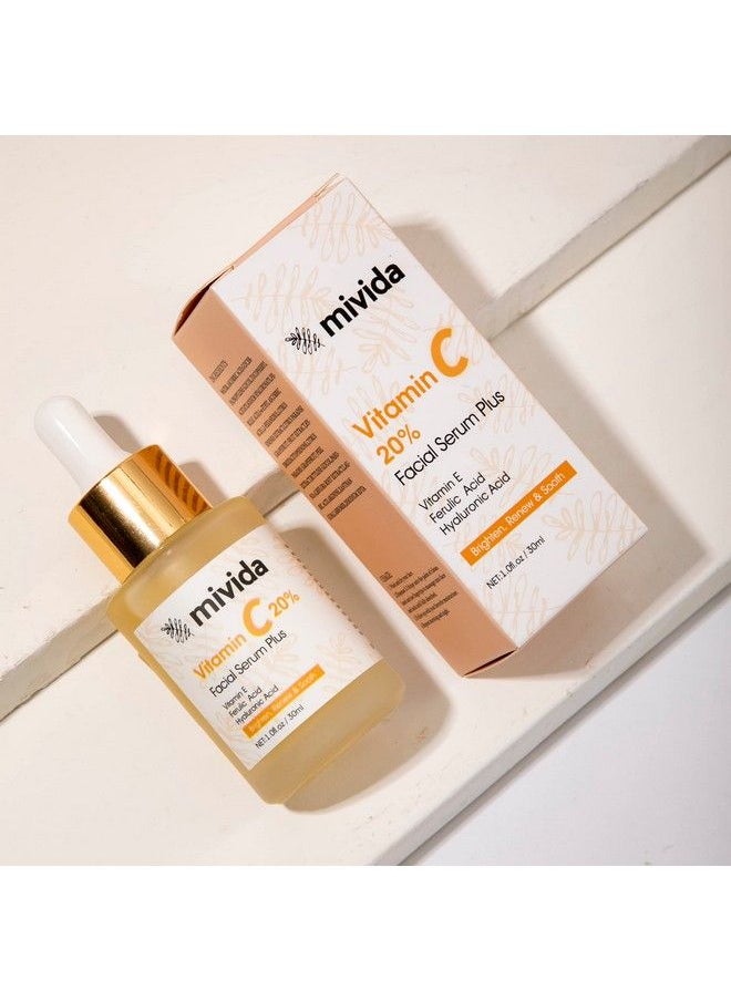 Mivida - 20% Vitamin C Serum For Face ; Anti Aging Face Serum With Hyaluronic Acid Ferulic Acid And Vitamin E ; Brightening Serum For Dark Spots Fine Line And Wrinkles ; No Artificial Colors ; 1 Fl Oz - Image 1