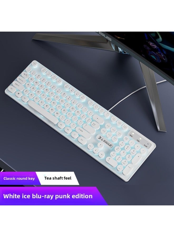 Typing Luminous Computer Mechanical Feel Punk Mouse Office Gaming E-sports Suit Wired Retro Keyboard-Colour:【white Qingying Ice Blu-ray Punk Edition Qingying 104-key Qingying Official Standard Configuration