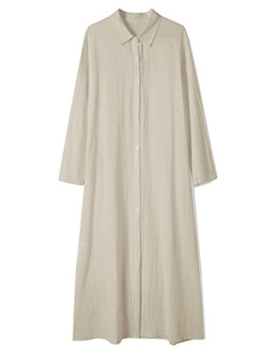 Ladyful Women's Button Down Cotton Linen Shirt Dress Long Sleeve Maxi Shirtdress Beach Summer Dress Pockets Beige - Image 4