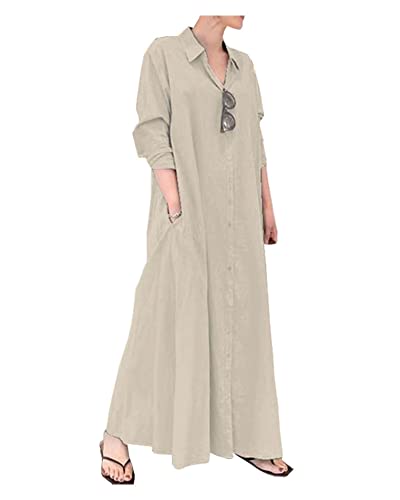 Ladyful Women's Button Down Cotton Linen Shirt Dress Long Sleeve Maxi Shirtdress Beach Summer Dress Pockets Beige - Image 1