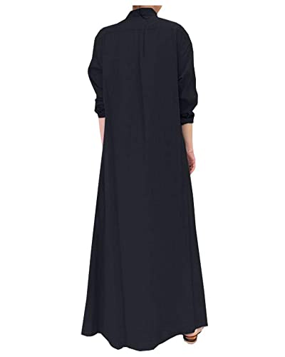 Ladyful Women's Button Down Cotton Linen Shirt Dress Long Sleeve Maxi Shirtdress Beach Summer Dress Pockets Beige - Image 2