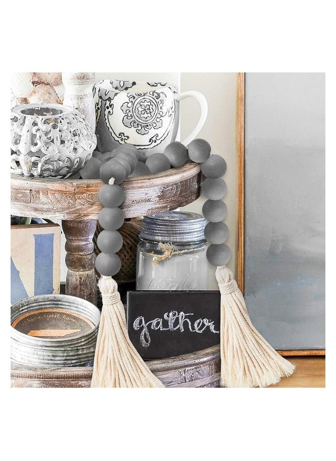 Generic 3 Pcs Rustic Wood Beads with Jute Rope & Plaid Tassel, 27 Inch Natural Beads for Chic Modern Farmhouse & Boho Decor, Stunning Large Wall Hanging Decoration  - Image 3