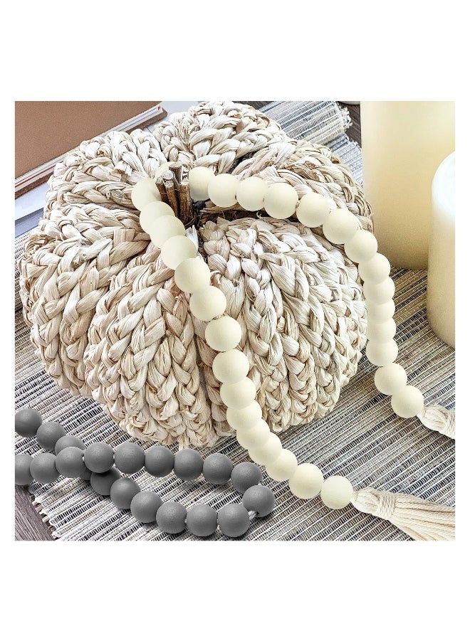 Generic 3 Pcs Rustic Wood Beads with Jute Rope & Plaid Tassel, 27 Inch Natural Beads for Chic Modern Farmhouse & Boho Decor, Stunning Large Wall Hanging Decoration  - Image 4