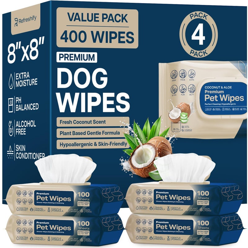 REFRESHIFY Dog Wipes for Paws and Butt - Coconut Scented (Pack of 400) - Pet Wipes for Dogs and Cats - Deodorizing Non Toxic Dog Wipes, +12 Additional Travel Wipes - Image 1