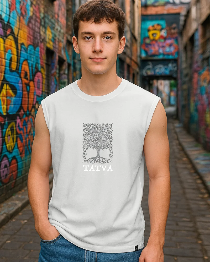 بيواكوف Men's Grey Tatva Graphic Printed Boxy Fit Vest