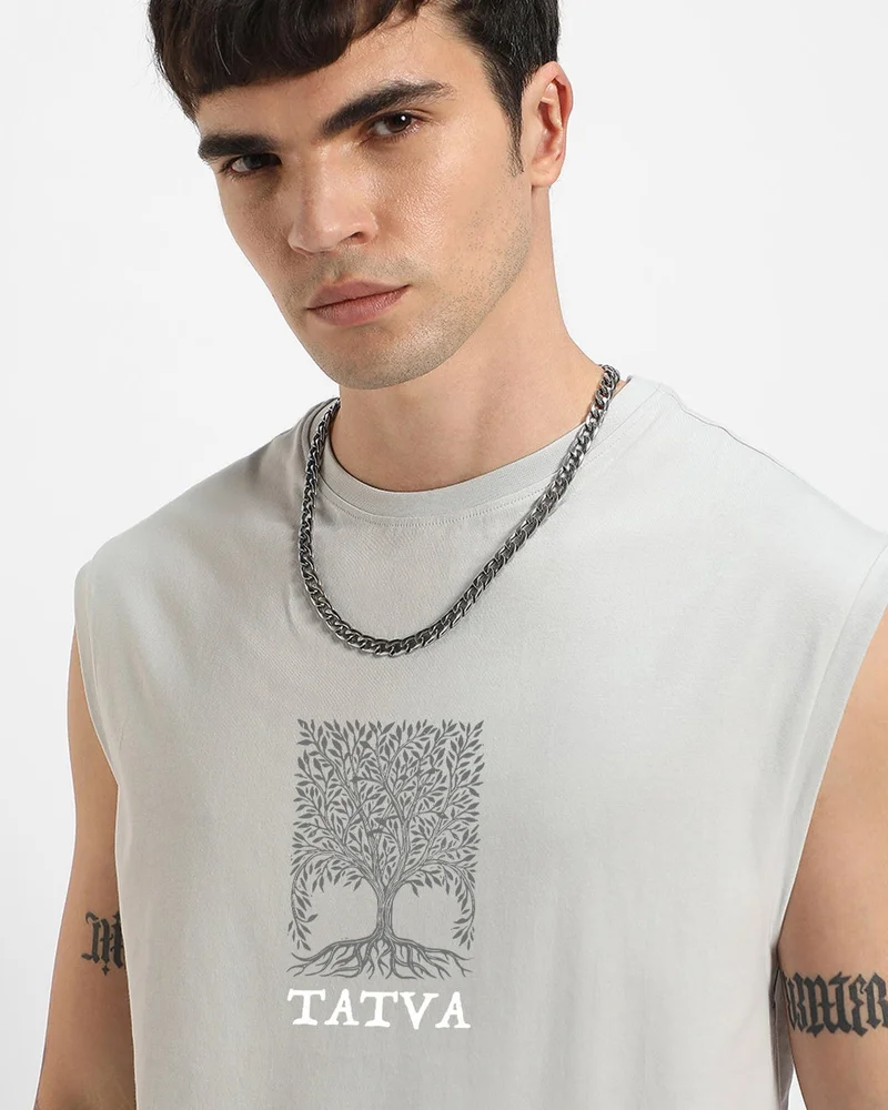 bewakoof Men's Grey Tatva Graphic Printed Boxy Fit Vest