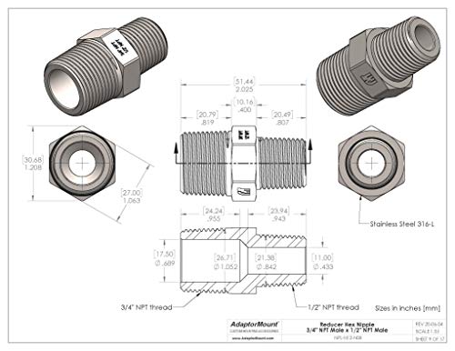 AdaptorMount 3/4” NPT Male to 1/2” NPT Male Hex Nipple Reducer – 316L Stainless Steel Pipe Fitting Adapter for Hydraulic, Pneumatic and Industrial Fluid Systems - Image 4