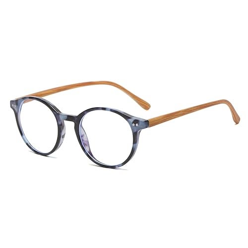 Gleyemor Blue Light Glasses for Men Women, Vintage Round Bluelight Blocking Computer Screen Protection Glasses (Blue Tortoise Frame & Wood-grain Leg) - Image 1