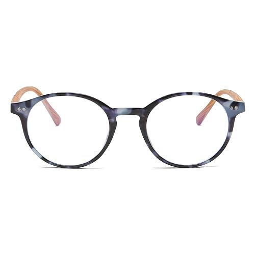 Gleyemor Blue Light Glasses for Men Women, Vintage Round Bluelight Blocking Computer Screen Protection Glasses (Blue Tortoise Frame & Wood-grain Leg) - Image 2