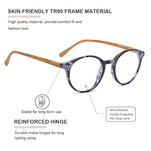 Gleyemor Blue Light Glasses for Men Women, Vintage Round Bluelight Blocking Computer Screen Protection Glasses (Blue Tortoise Frame & Wood-grain Leg) - Image 3
