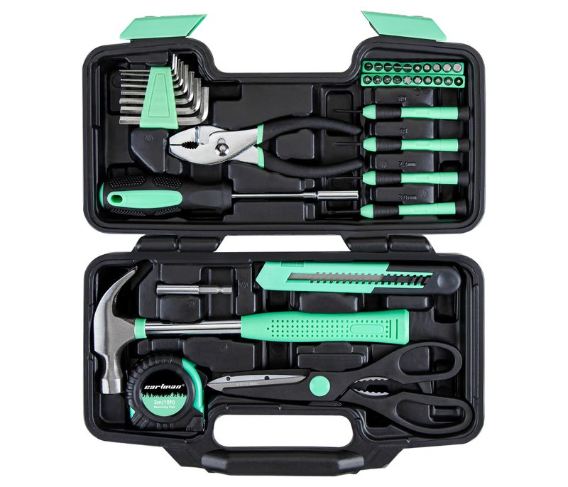 CARTMAN 39-Piece Home Tool Set Kit, Essential Household Hand Tools with Plastic Storage Case, Green - Image 1
